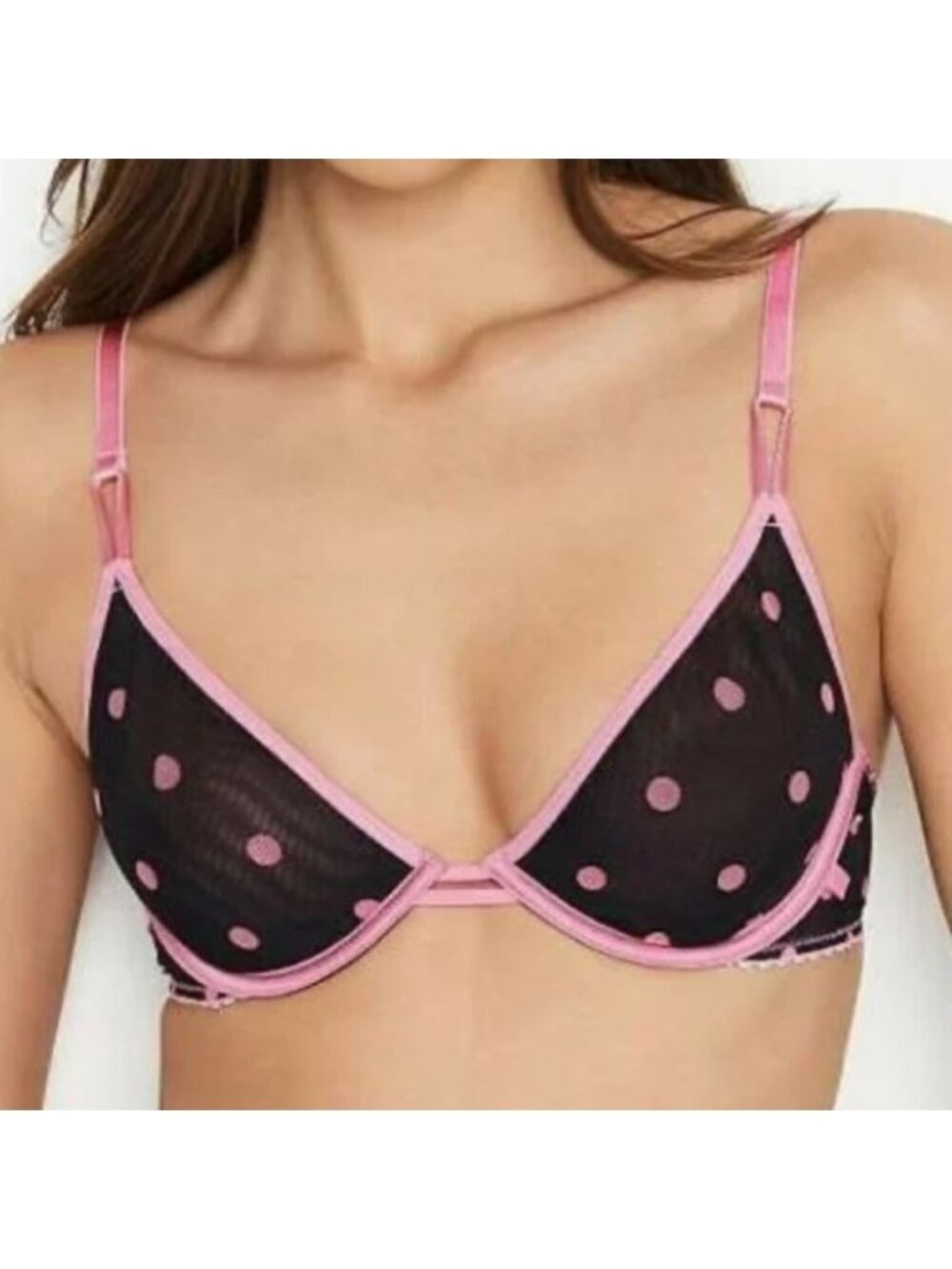 Victoria Secret Black Mesh Pink Polka Dot Underwire Unlined Demi Bra Sz 36DDD